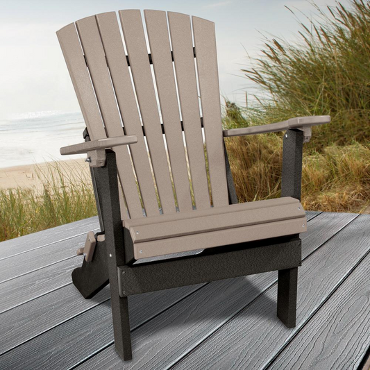Apex Home and Office Model  Fan Back Folding Adirondack Chair in Weatherwood with a Black Base, Made in the USA